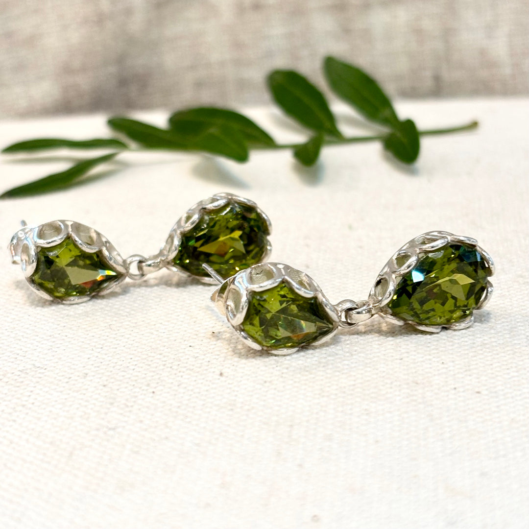 Handmade Green Obsidian Double Drop Silver Earrings – 33mm