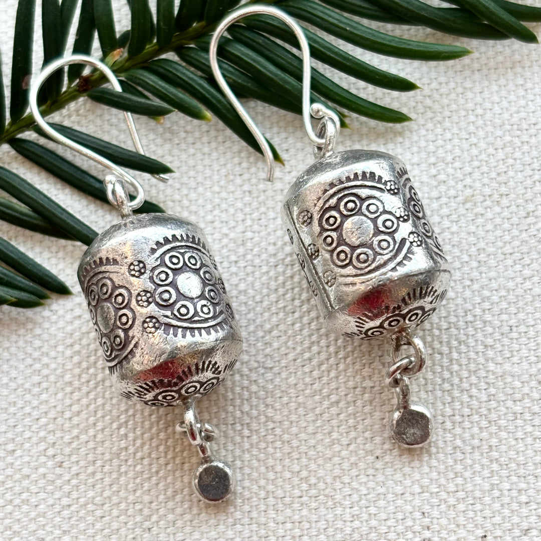 Silver Tribal Barrel Drop Earrings