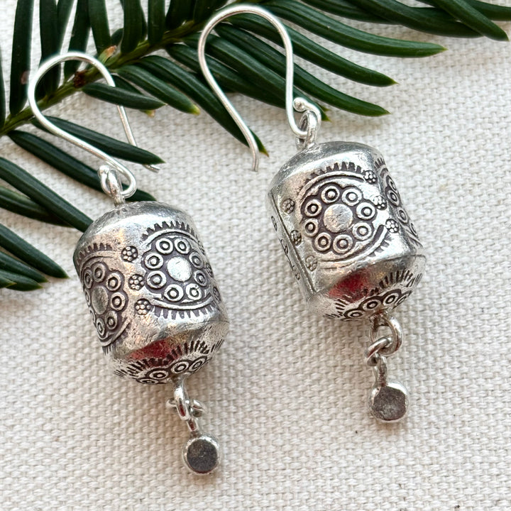 Silver Tribal Barrel Drop Earrings
