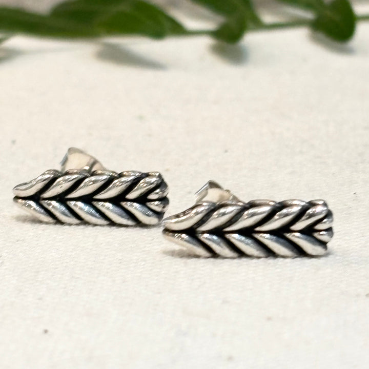 Handmade Braided Silver Bar Stud Earrings