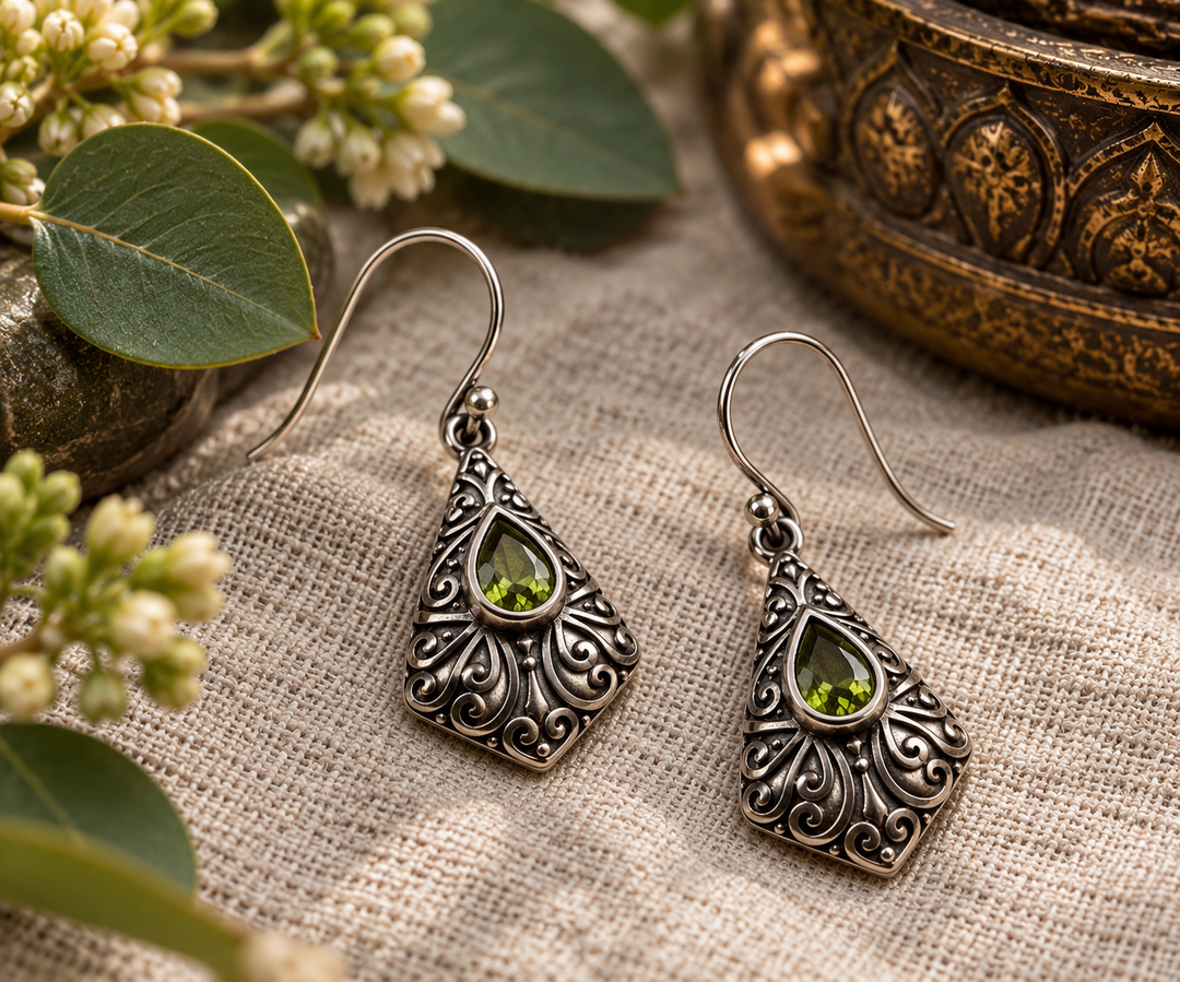 Handmade Sterling Silver Peridot Filigree Drop Earrings