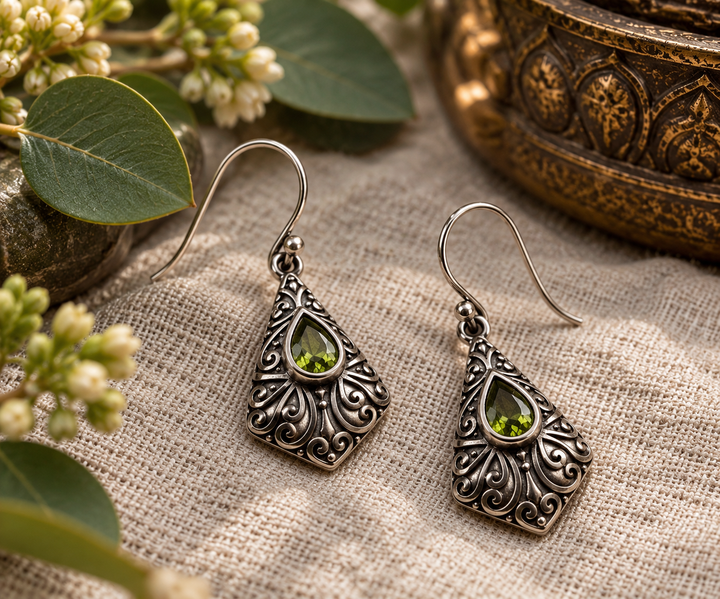 Handmade Sterling Silver Peridot Filigree Drop Earrings