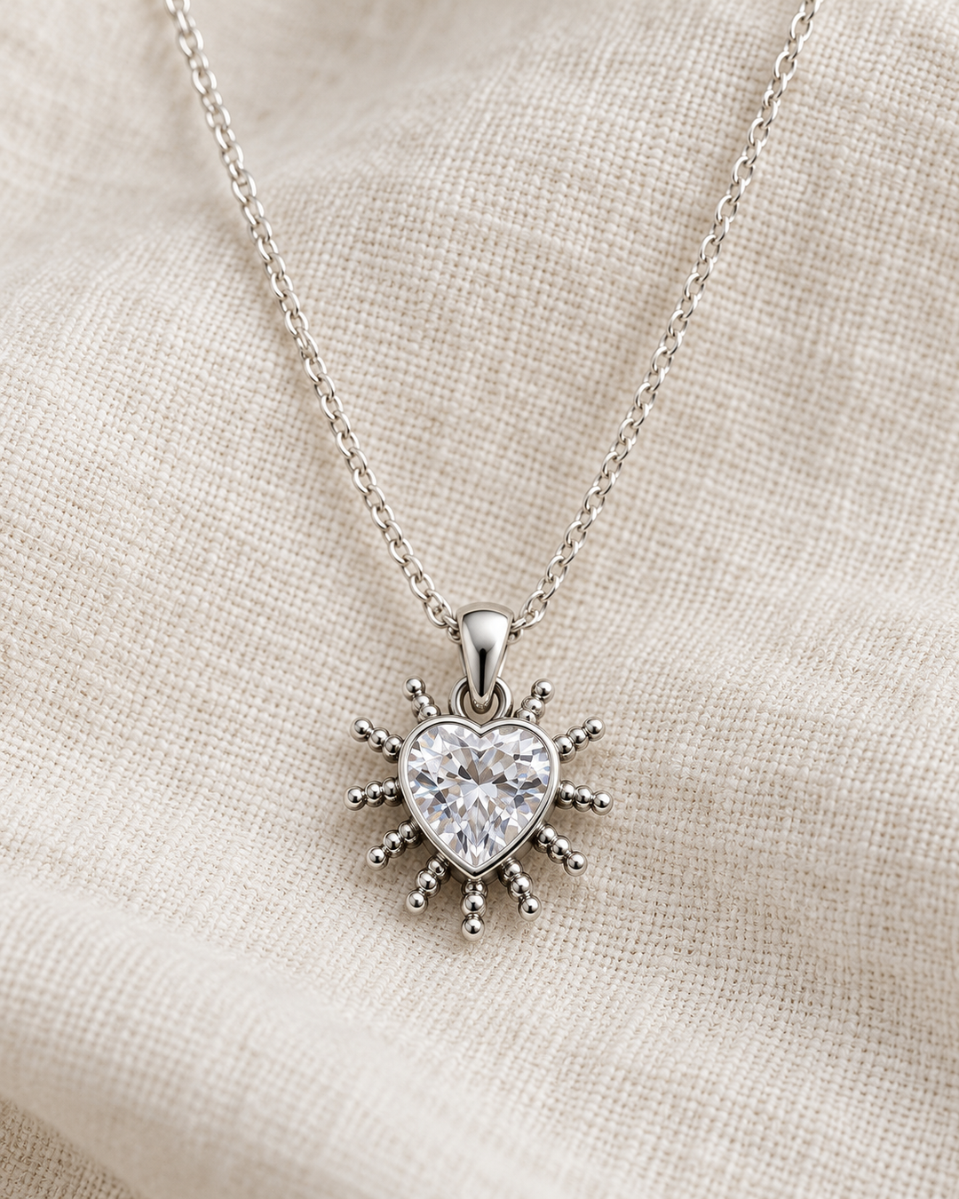 Sterling Silver Heart Sunburst Pendant with Cubic Zirconia