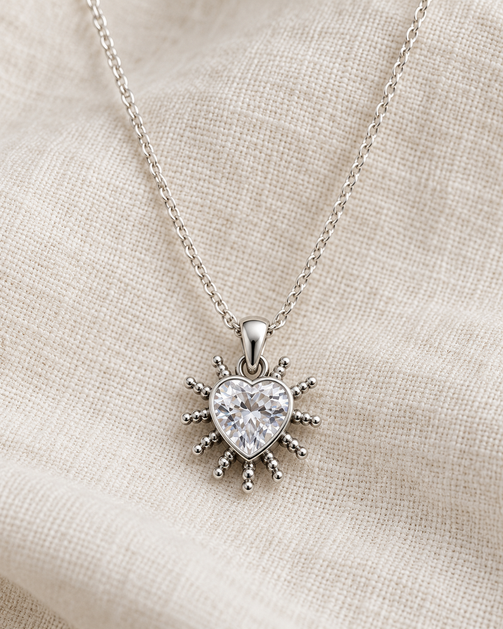 Sterling Silver Heart Sunburst Pendant with Cubic Zirconia