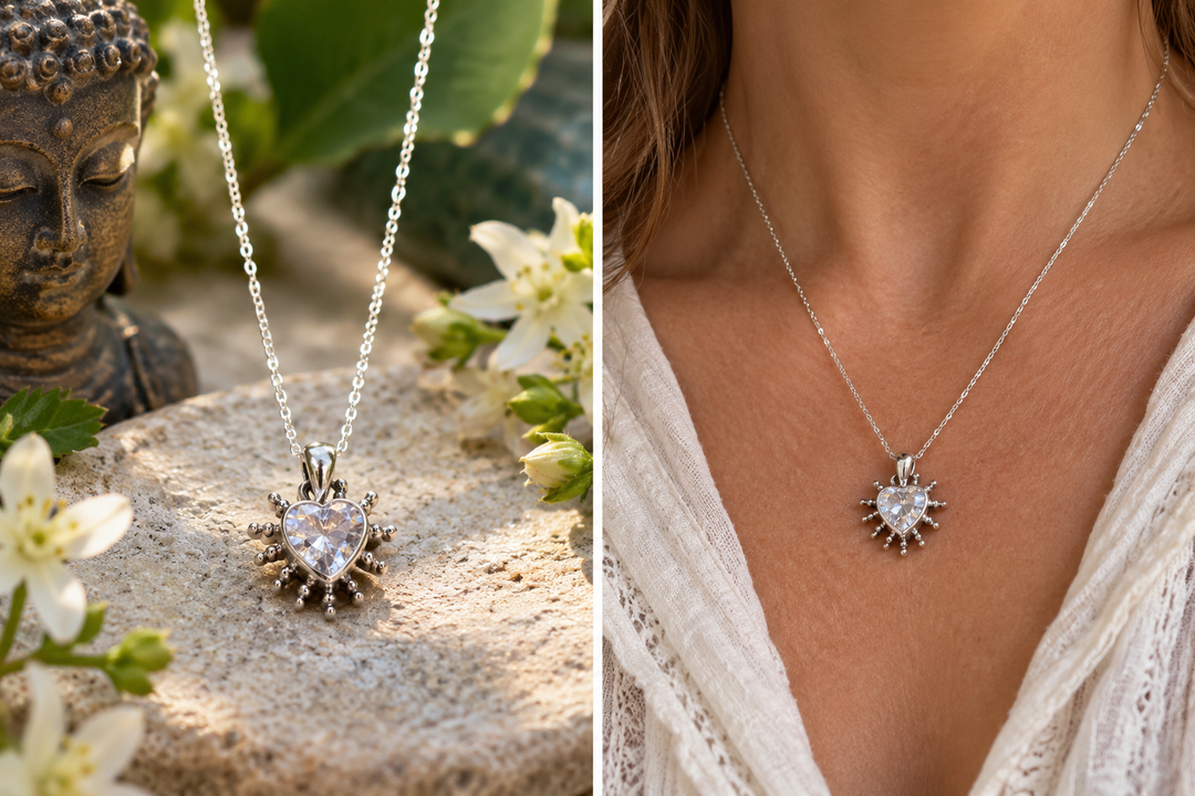 Sterling Silver Heart Sunburst Pendant with Cubic Zirconia