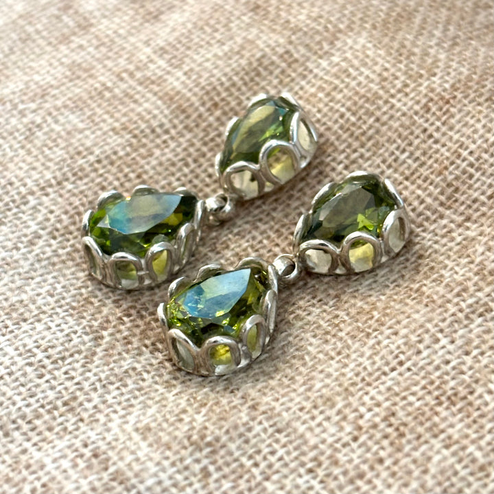 Handmade Green Obsidian Double Drop Silver Earrings – 33mm