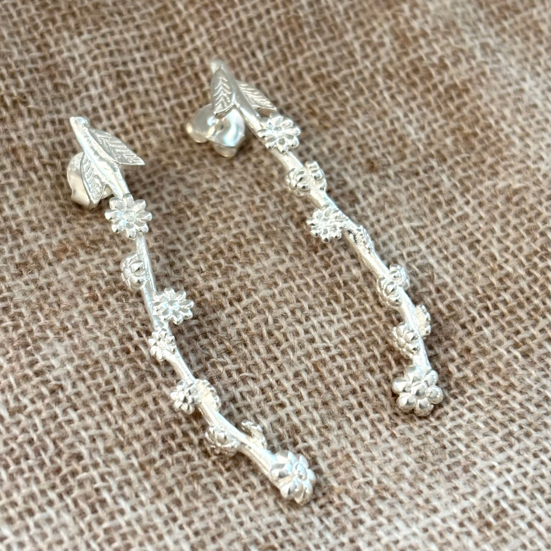 Silver Floral Vine Drop Earrings 45mm