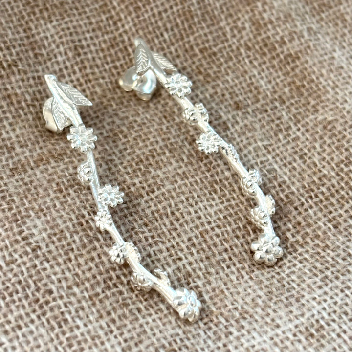 Silver Floral Vine Drop Earrings 45mm