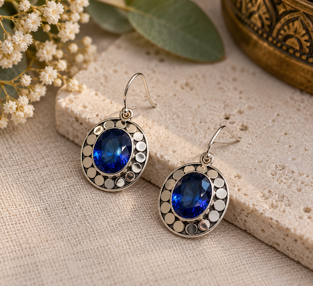 Lab-Created Sapphire Sterling Silver Oval Drop Earrings