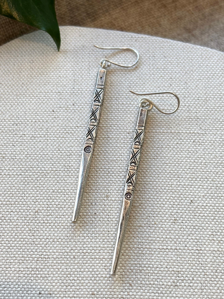 Large Solid Sterling Silver Tribal Carved Spike Earrings