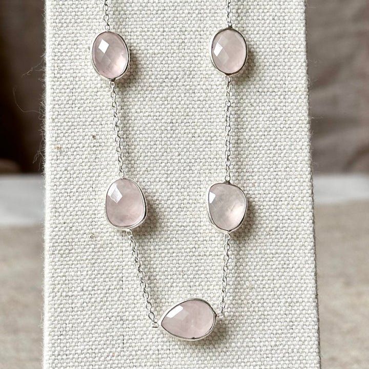 Rose Quartz Sterling Silver Station Necklace – 16–18 Inch Adjustable