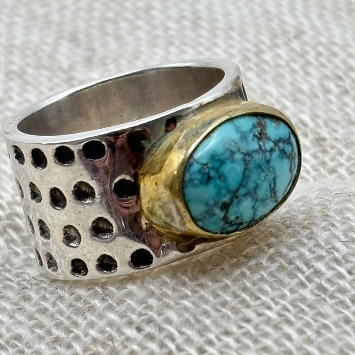 Turquoise Statement Ring – Sterling Silver Ring with Gold Bezel