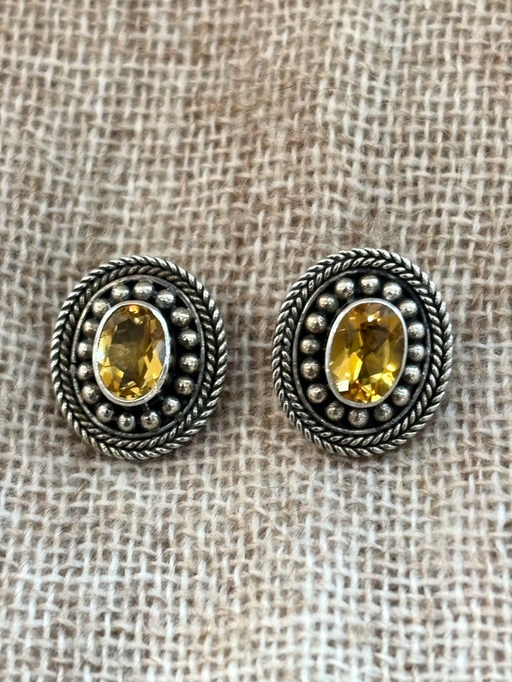 Large Citrine Silver Ornate Stud Earrings 14 x 10 mm