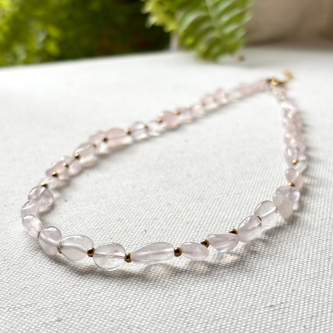 Handmade Rose Quartz Bead Necklace – 16–18 Inches