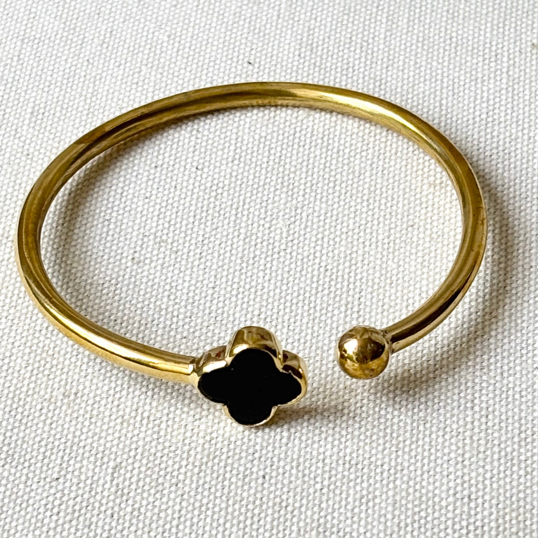 Handmade Panchadhatu Black Clover Open Cuff Bangle
