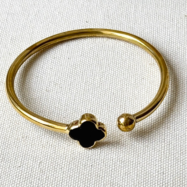 Handmade Panchadhatu Black Clover Open Cuff Bangle
