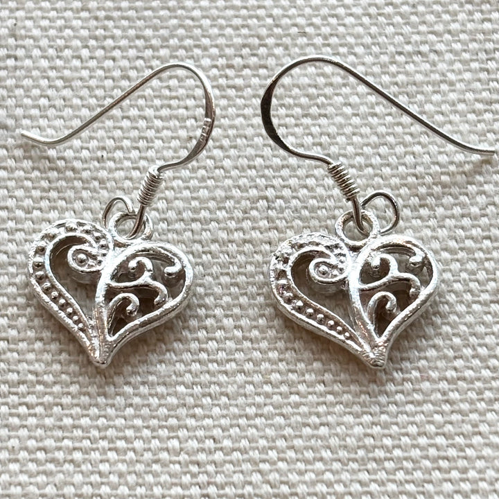 Sterling silver ornate heart drop earrings