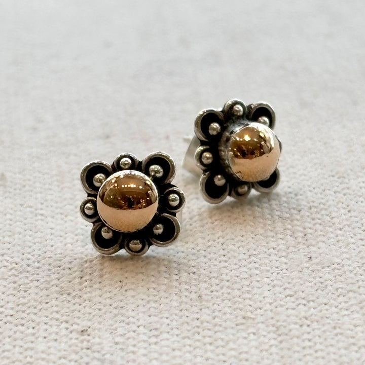 Silver Flower Stud Earrings with Gold Plated Centre