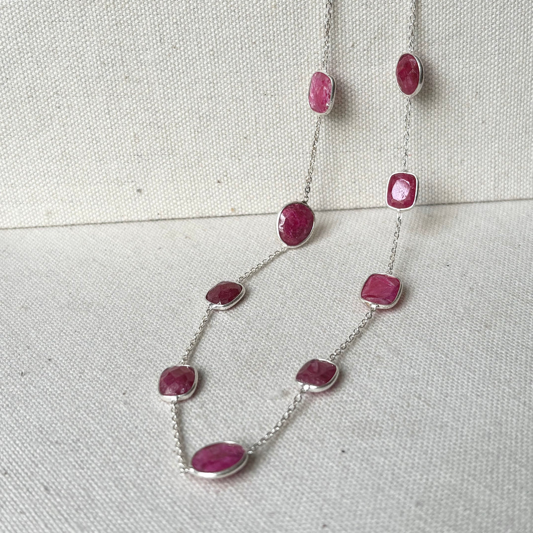 Pink Ruby Sterling Silver Station Necklace – 16–18 Inch Adjustable