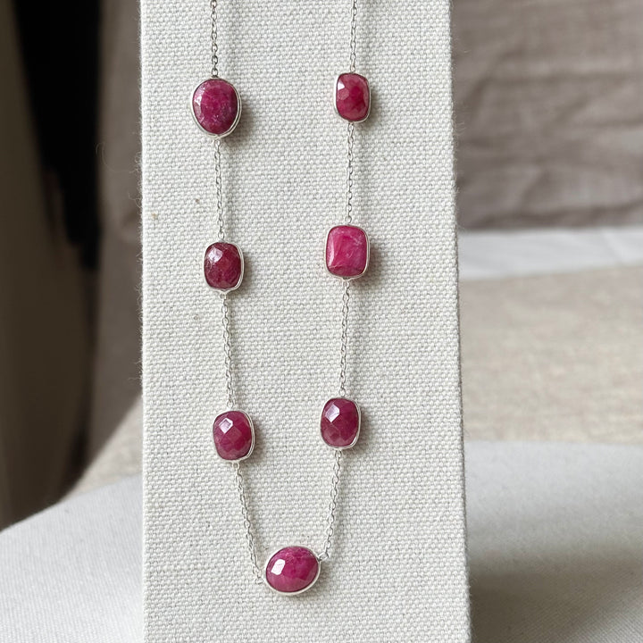 Pink Ruby Sterling Silver Station Necklace – 16–18 Inch Adjustable