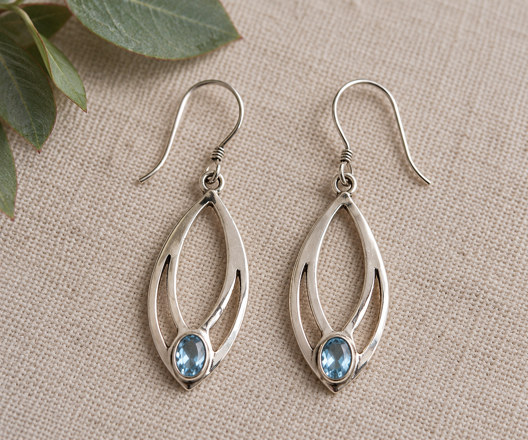 Sterling Silver Open Teardrop Blue Topaz Earrings