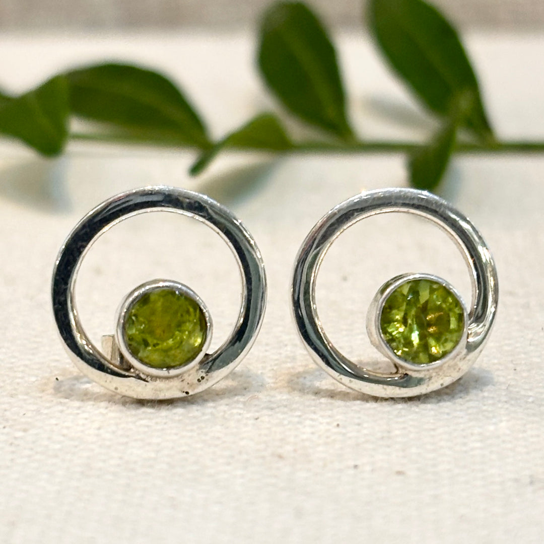 Peridot Spiral Silver Stud Earrings 12mm
