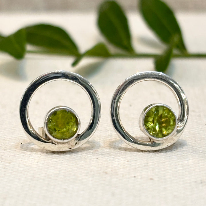 Peridot Spiral Silver Stud Earrings 12mm