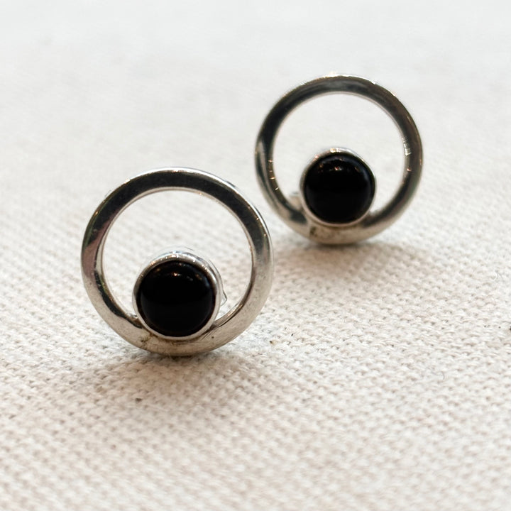 Sterling Silver Circle Stud Earrings with Black Onyx