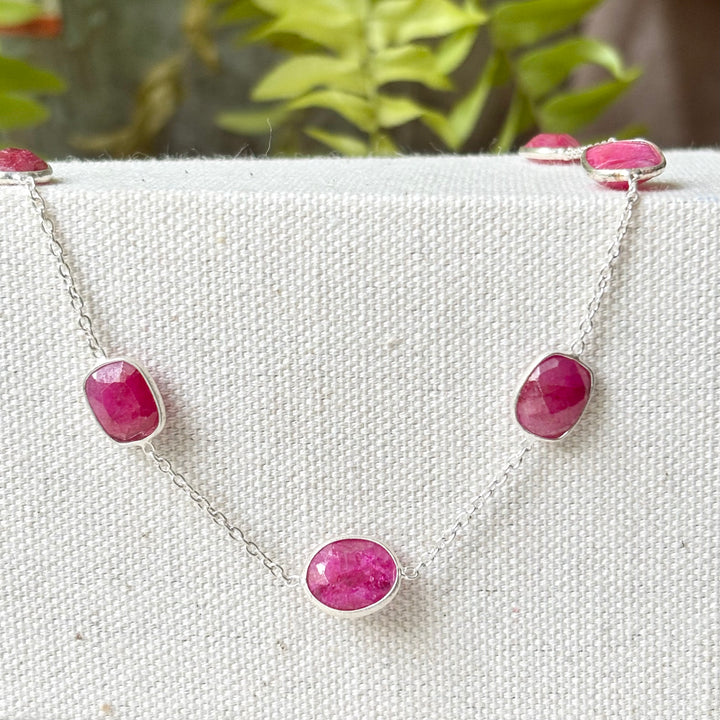 Pink Ruby Sterling Silver Station Necklace – 16–18 Inch Adjustable