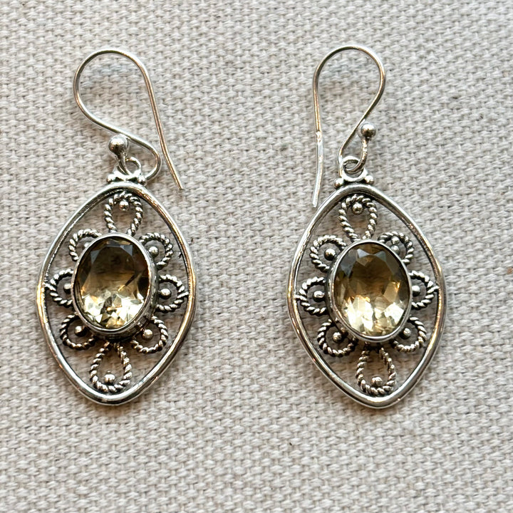 Golden Citrine Filigree Teardrop Earrings in Sterling Silver