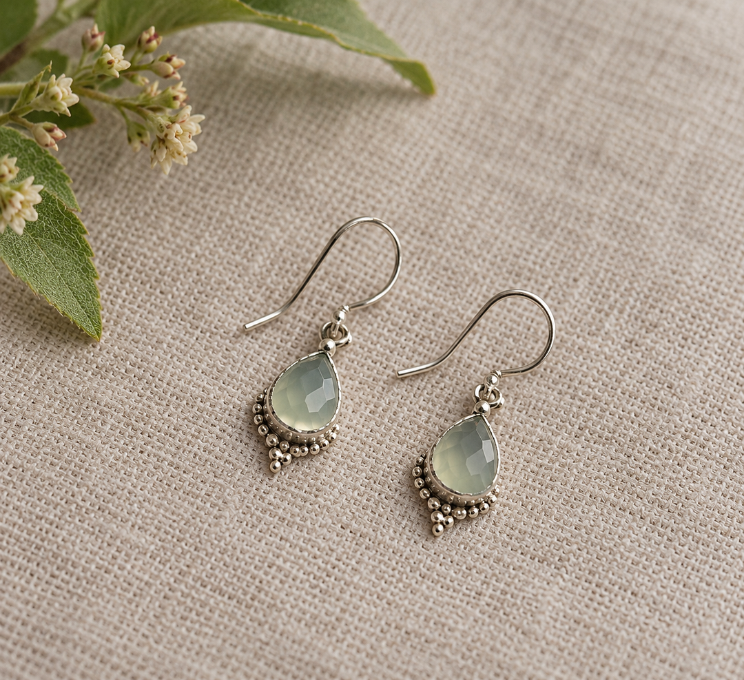 Faceted Green Chalcedony Teardrop Silver Earrings