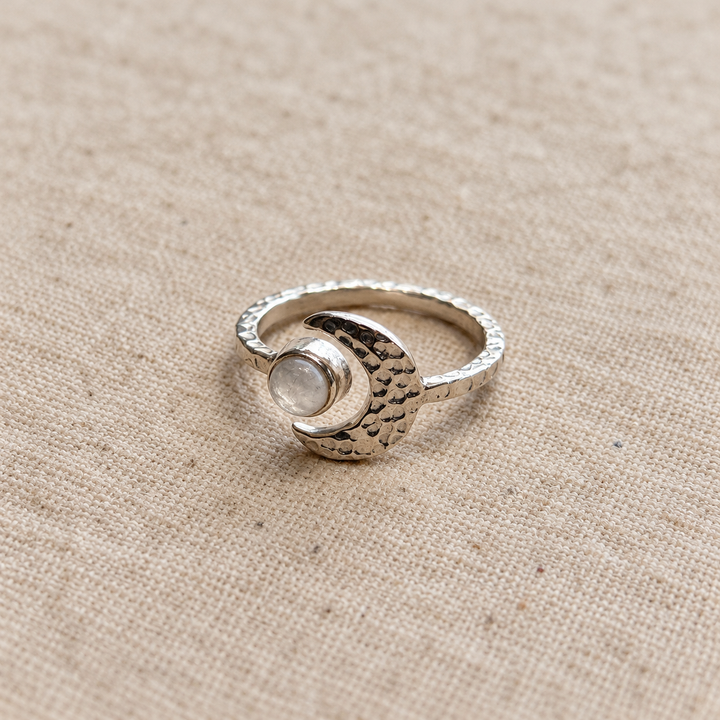 Moonstone Crescent Moon Silver Ring – Adjustable