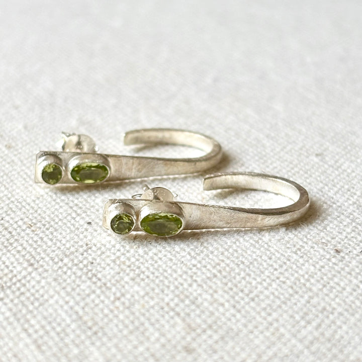 Handmade Peridot Silver Open Hoop Stud Earrings