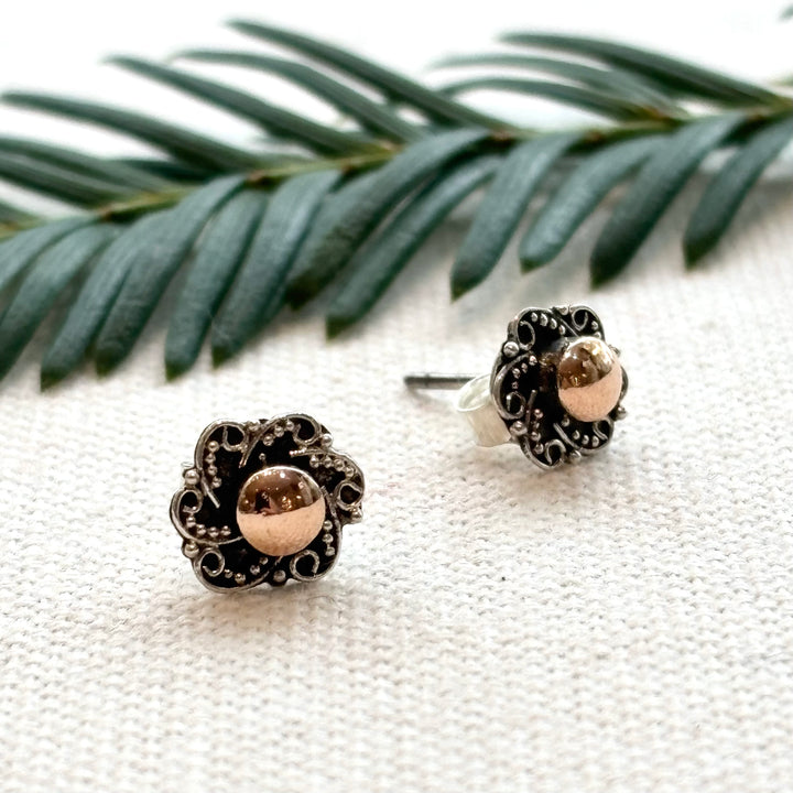 Silver Flower Stud Earrings with Gold Plated Centre