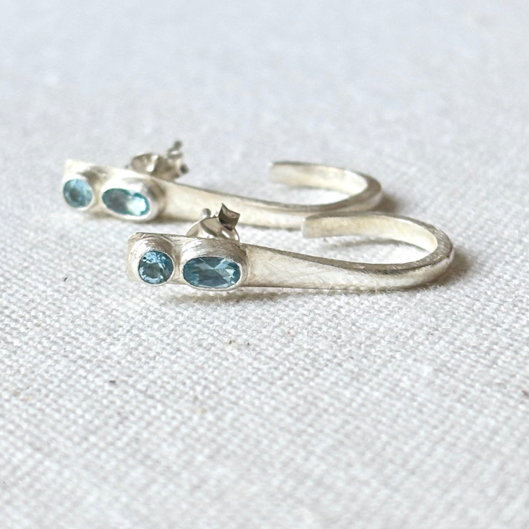 Handmade Blue Topaz Silver Open Hoop Stud Earrings