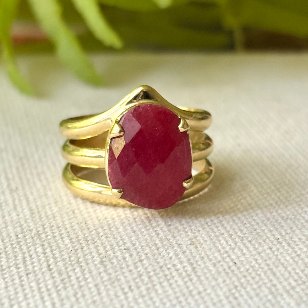 Ruby Ring in Panchdhatu – Faceted Red Gemstone – Handmade Multi Band Design – Size Q