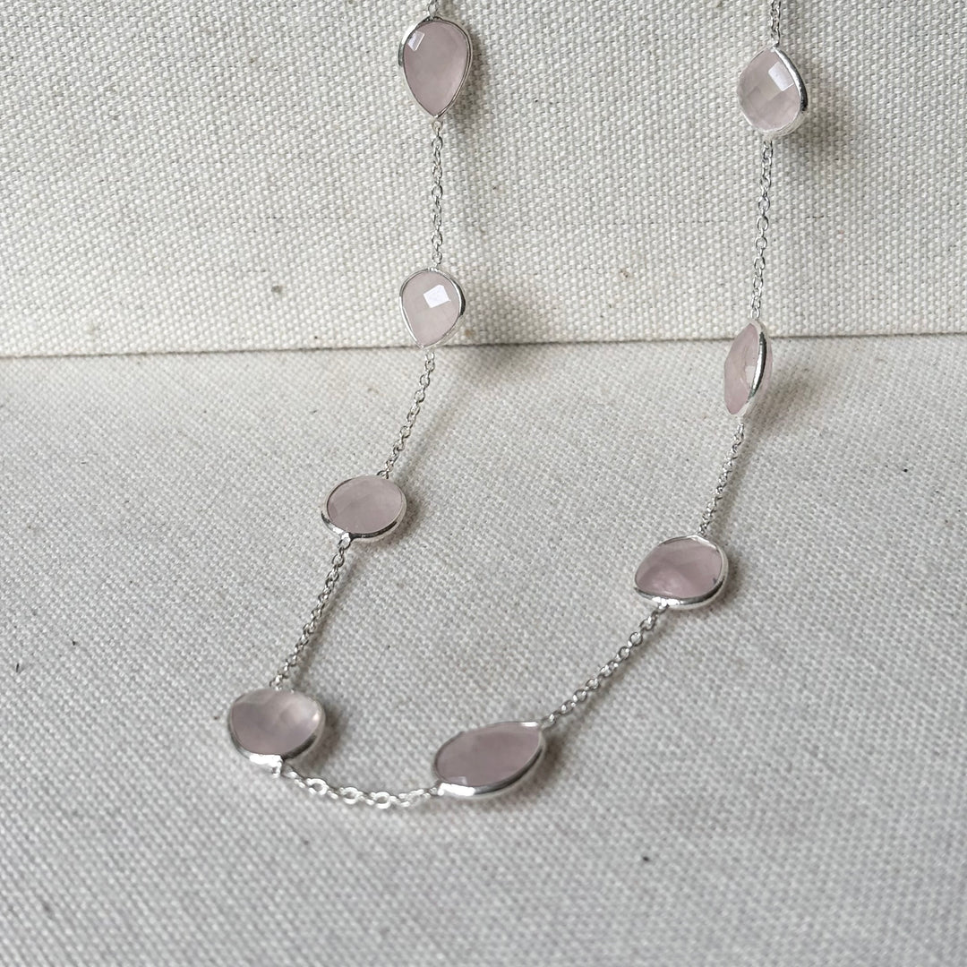 Rose Quartz Sterling Silver Station Necklace – 16–18 Inch Adjustable