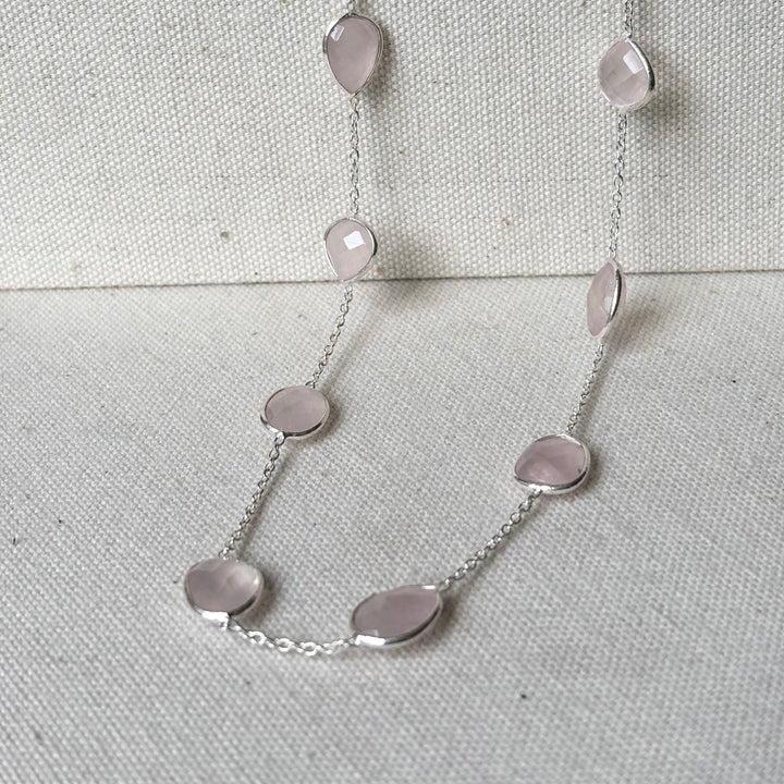 Rose Quartz Sterling Silver Station Necklace – 16–18 Inch Adjustable