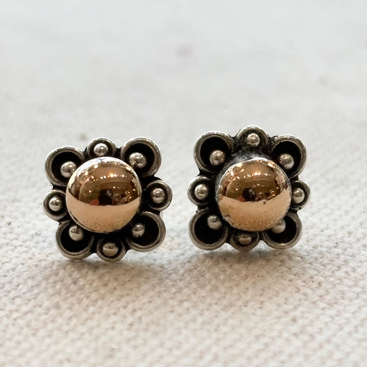 Silver Flower Stud Earrings with Gold Plated Centre