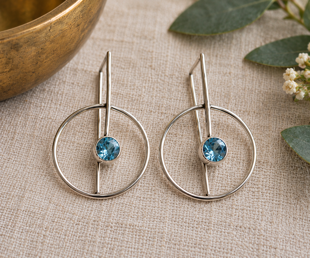 Sterling Silver Geometric Blue Topaz Circle Earrings