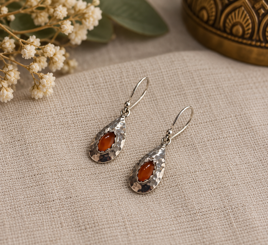 Hammered Sterling Silver Carnelian Teardrop Earrings
