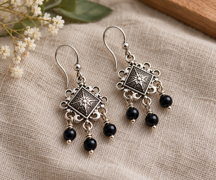 Sterling Silver Decorative Earrings with Black Beads