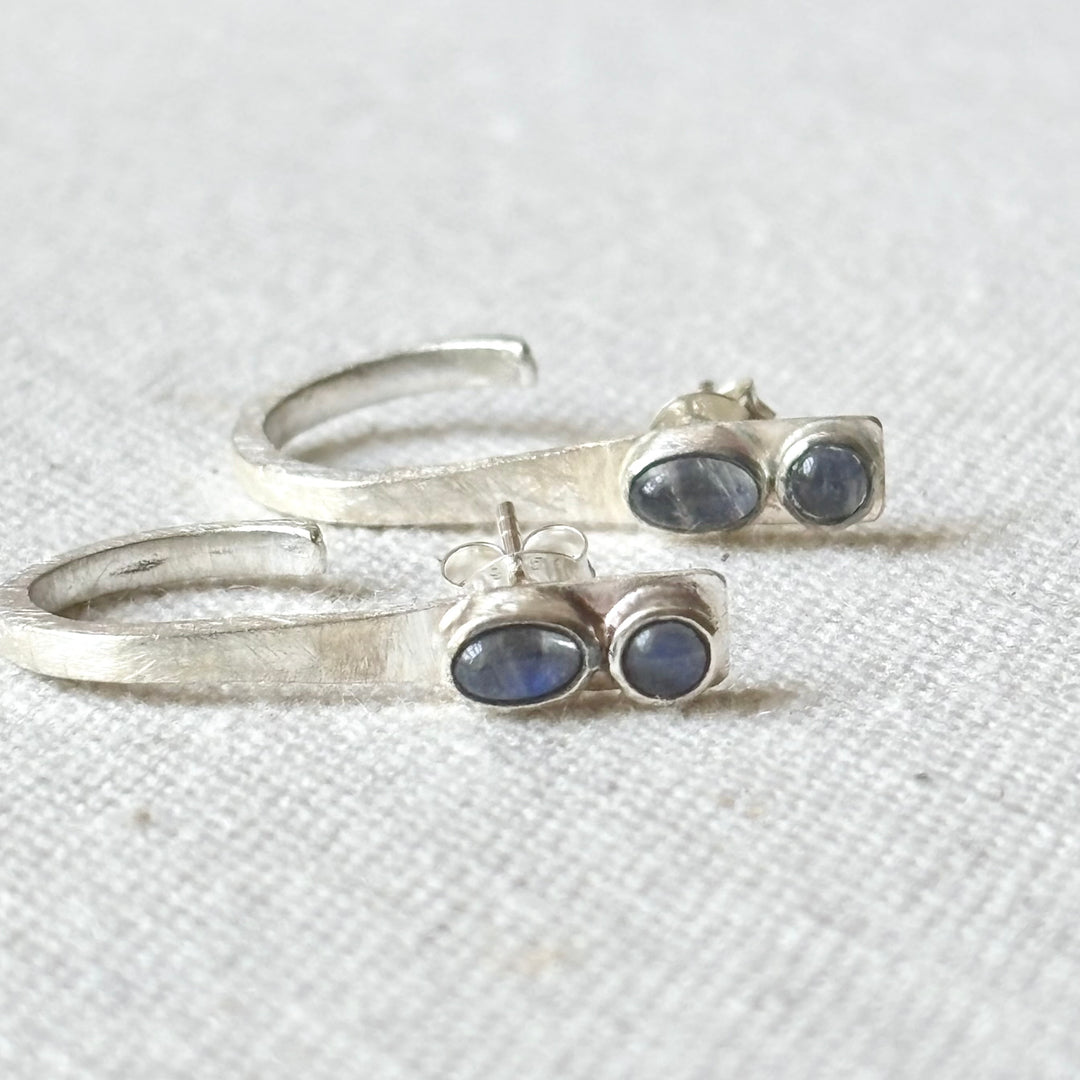 Handmade Labradorite Silver Open Hoop Stud Earrings