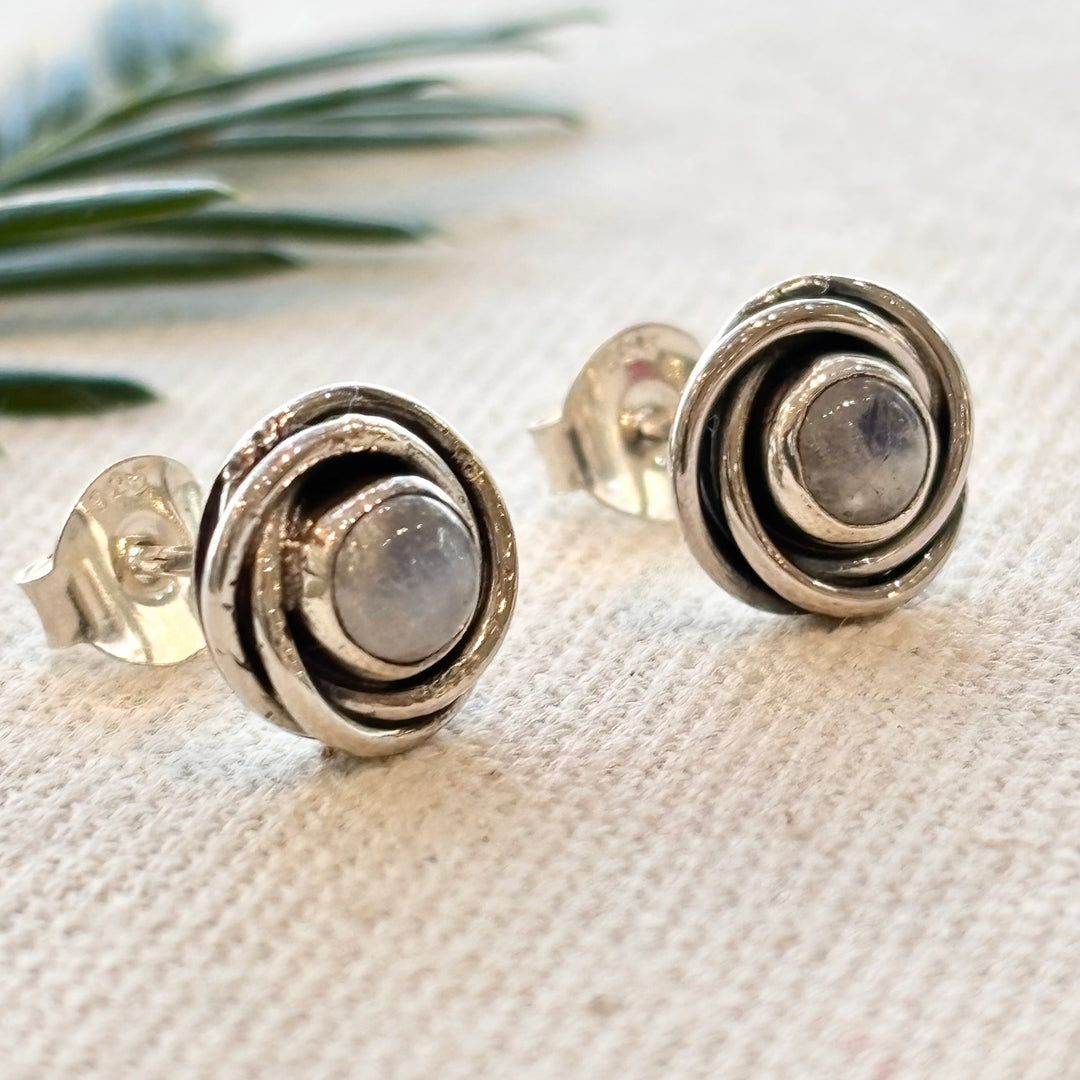 Sterling Silver Moonstone Spiral Stud Earrings – 8mm