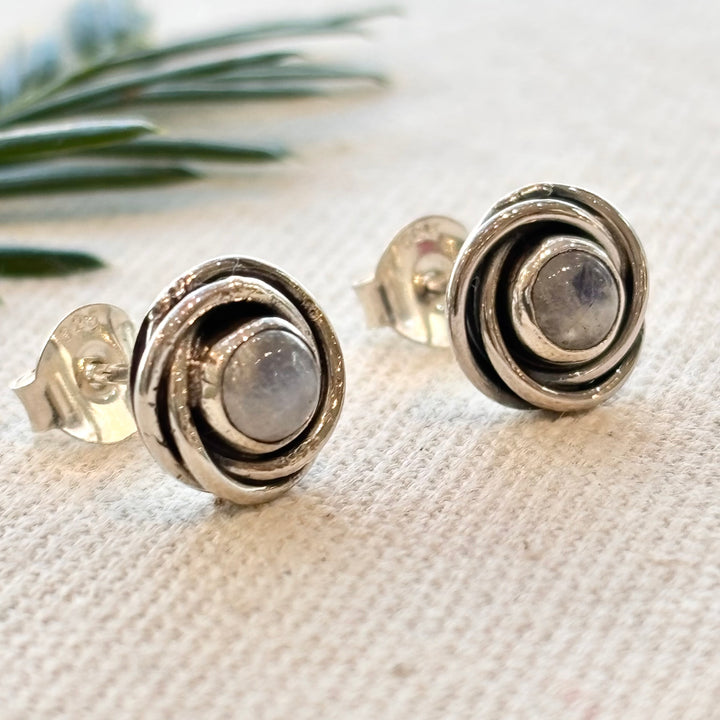 Sterling Silver Moonstone Spiral Stud Earrings – 8mm