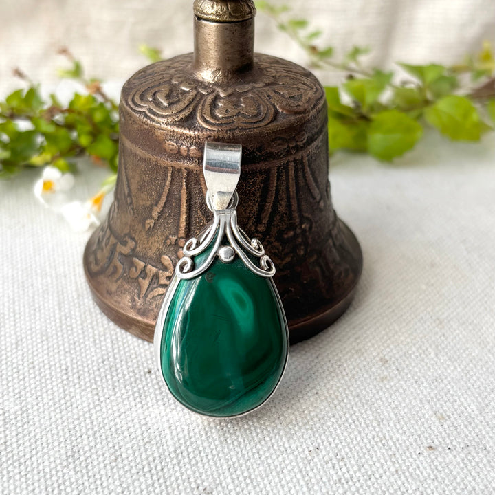 Malachite Sterling Silver Teardrop Pendant with Scroll Detail