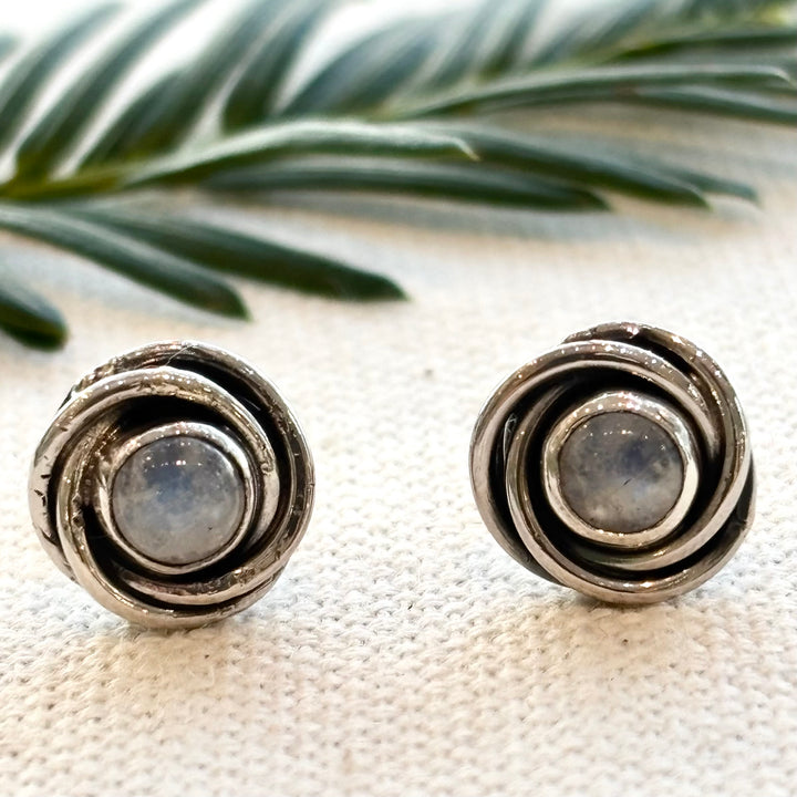 Sterling Silver Moonstone Spiral Stud Earrings – 8mm
