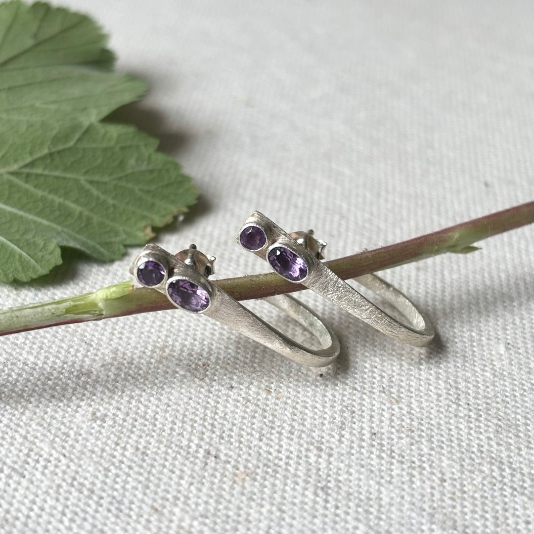 Handmade Amethyst Silver Open Hoop Stud Earrings
