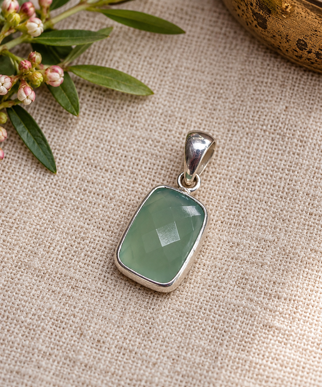 Handmade Sterling Silver Faceted Green Chalcedony Pendant