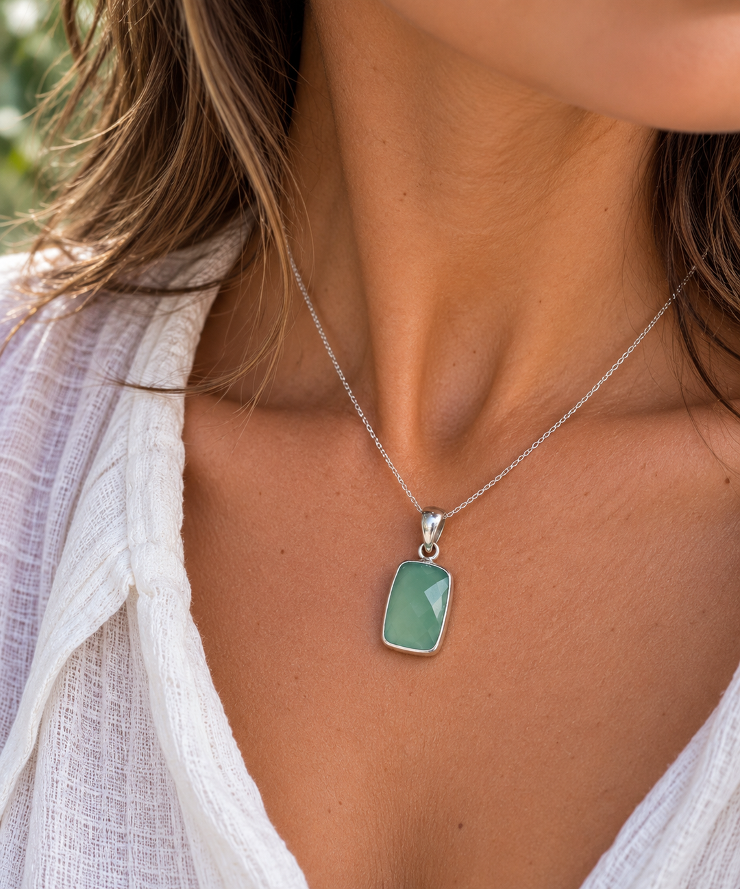 Handmade Sterling Silver Faceted Green Chalcedony Pendant